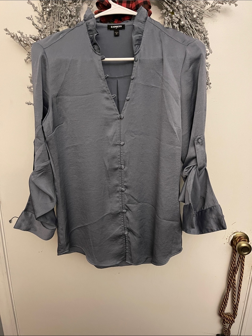 Express Steel Gray Button-Front Ruffle Collar Blouse